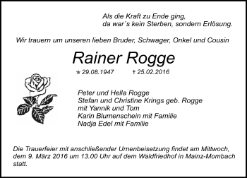 Traueranzeige von Rainer Rogge von  Allgemeine Zeitung Mainz