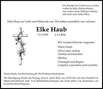 Traueranzeige von Elke Haub von  Allgemeine Zeitung Mainz
