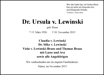 Traueranzeige von Ursula v. Lewinski von  Allgemeine Zeitung Mainz