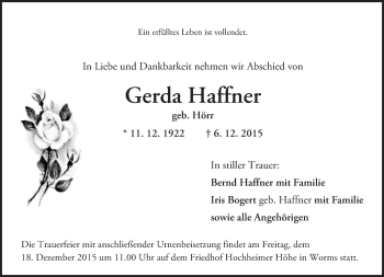 Traueranzeige von Gerda Haffner von  Wormser Zeitung