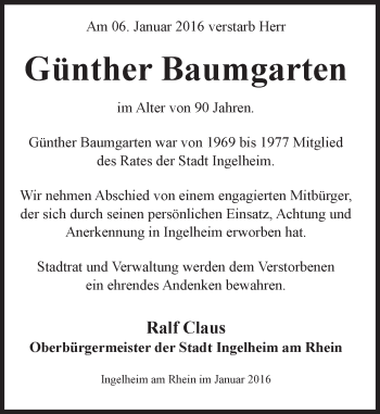Traueranzeige von Günther Baumgarten von  Allgemeine  Zeitung Ingelheim-Bingen