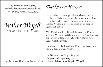 Traueranzeige von Walter Weyell von  Allgemeine  Zeitung Ingelheim-Bingen