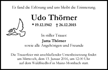 Traueranzeige von Udo Thörner von  Allgemeine Zeitung Mainz