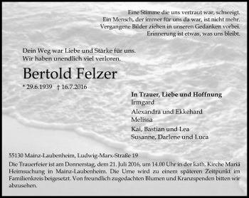 Traueranzeige von Bertold Felzer von Trauerportal Rhein Main Presse