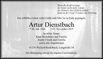Traueranzeige von Artur Dienstbach von  Usinger Anzeiger