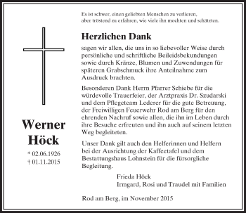 Traueranzeige von Werner Höck von  Usinger Anzeiger