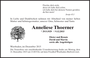 Traueranzeige von Anneliese Thoerner von  Wiesbaden komplett