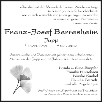 Traueranzeige von Franz-Josef Berresheim von Trauerportal Rhein Main Presse