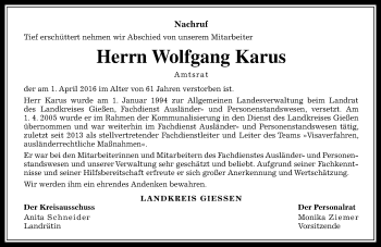 Traueranzeige von Wolfgang Karus von  Gießener Anzeiger
