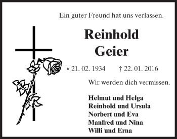 Traueranzeige von Reinhold Geier von trauer.rmp.de