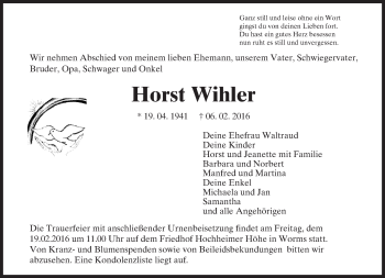 Traueranzeige von Horst Wihler von  Wormser Zeitung