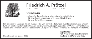 Traueranzeige von Friedrich A. Prötzel von  Mainspitze