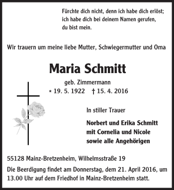 Traueranzeige von Maria Schmitt von  Allgemeine Zeitung Mainz
