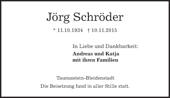 Traueranzeige von Jörg Schröder von  WK-UTA/Aar-Bote
