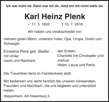 Traueranzeige von Karl Heinz Plenk von Trauerportal Echo Online