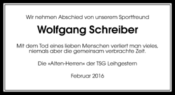 Traueranzeige von Wolfgang Schreiber von  Gießener Anzeiger