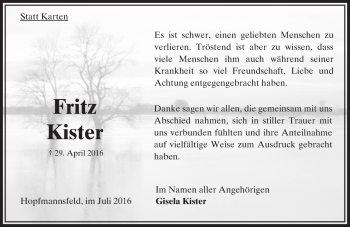 Traueranzeige von Fritz Kister von  OK Oberhessen Kurier