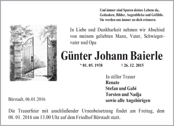 Traueranzeige von Günter Johann Baierle von  Bürstädter Zeitung