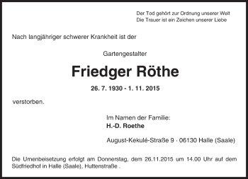 Traueranzeige von Friedger Röthe von  Wiesbaden komplett