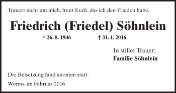 Traueranzeige von Friedrich Söhnlein von  Wormser Zeitung