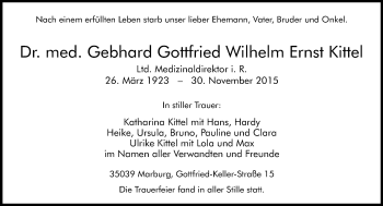 Traueranzeige von Gebhard Gottfried Wilhelm Ernst Kittel von  Gießener Anzeiger