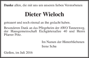 Traueranzeige von Dieter Wieloch von  Gießener Anzeiger