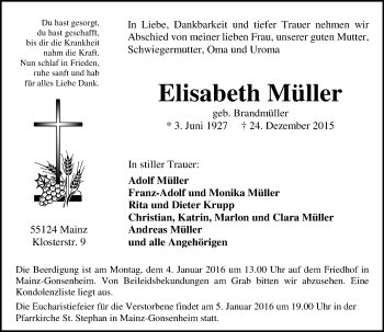 Traueranzeige von Elisabeth Müller von  Allgemeine Zeitung Mainz