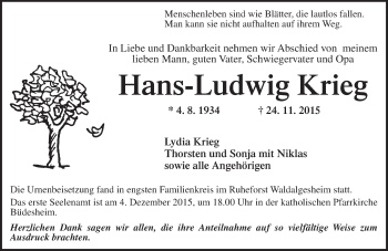 Traueranzeige von Hans-Ludwig Krieg von  Allgemeine  Zeitung Ingelheim-Bingen
