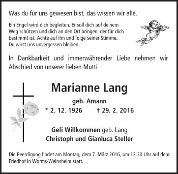 Traueranzeige von Marianne Lang von  Wormser Zeitung