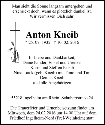 Traueranzeige von Anton Kneib von  Allgemeine  Zeitung Ingelheim-Bingen