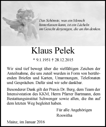 Traueranzeige von Klaus Pelek von  Allgemeine Zeitung Mainz