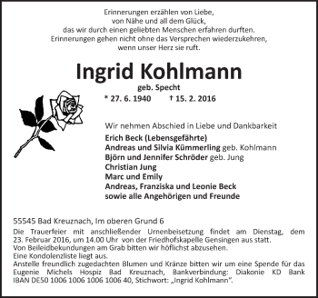Traueranzeige von Ingrid Kohlmann von  Allgemeine  Zeitung Ingelheim-Bingen