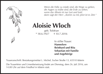 Traueranzeige von Aloisie Wloch von Trauerportal Rhein Main Presse
