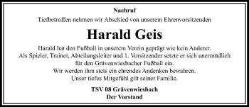 Traueranzeige von Harald Geis von  Usinger Anzeiger