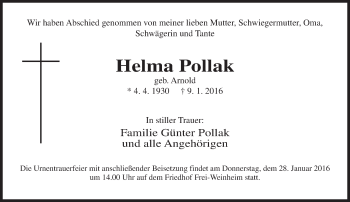 Traueranzeige von Helma Pollak von  Allgemeine  Zeitung Ingelheim-Bingen