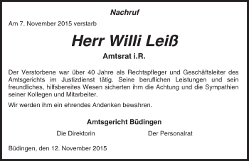 Traueranzeige von Willi Leiß von  Kreisanzeiger