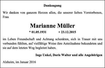 Traueranzeige von Marianne Müller von  Wormser Zeitung