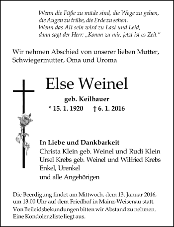 Traueranzeige von Else Weinel von  Allgemeine Zeitung Mainz