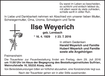 Traueranzeige von Ilse Weyerich von Trauerportal Rhein Main Presse