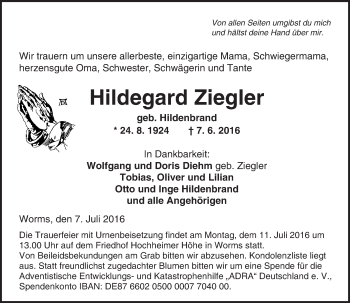 Traueranzeige von Hildegard Ziegler von Trauerportal Rhein Main Presse