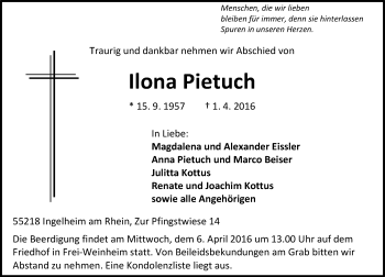 Traueranzeige von Ilona Pietuch von  Allgemeine  Zeitung Ingelheim-Bingen