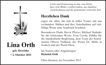 Traueranzeige von Lina Orth von  Sonntags Anzeiger