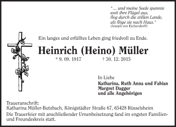 Traueranzeige von Heinrich Müller von  Mainspitze