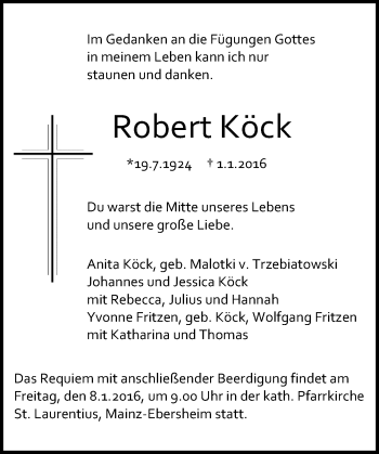 Traueranzeige von Robert Köck von  Allgemeine Zeitung Mainz