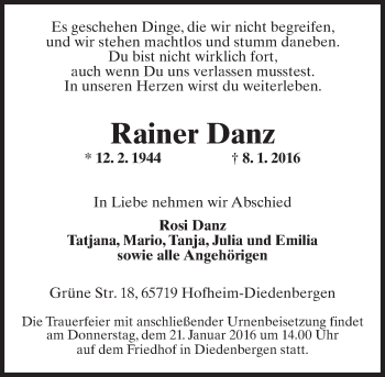 Traueranzeige von Rainer Danz von  Hofheimer Zeitung