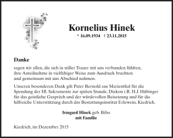 Traueranzeige von Kornelius Hinek von  Wiesbaden komplett
