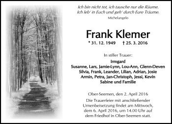 Traueranzeige von Frank Klemer von VRM Trauer