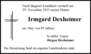 Traueranzeige von Irmgard Dexheimer von  Allgemeine Zeitung Mainz