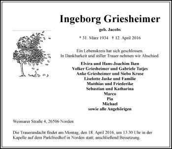 Traueranzeige von Ingeborg Griesheimer von  Wormser Zeitung