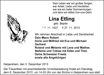 Traueranzeige von Lina Etling von VRM Trauer